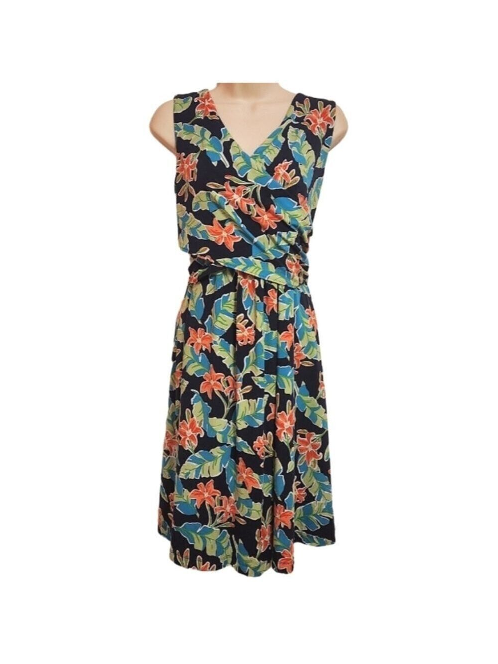 Lands End Green Black Floral Wrap A Line Dress Medium 10 12